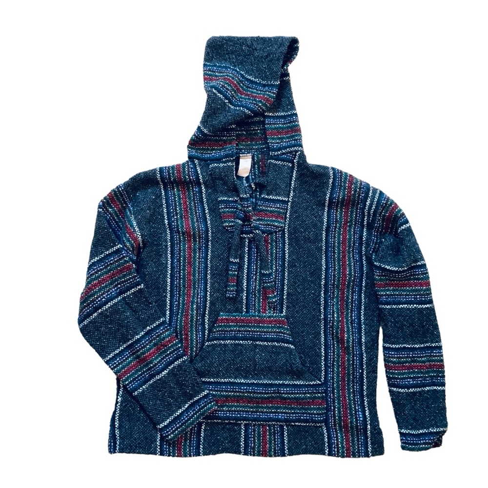 Mexican Baja pull over sweater black red white hooded woven poncho unisex